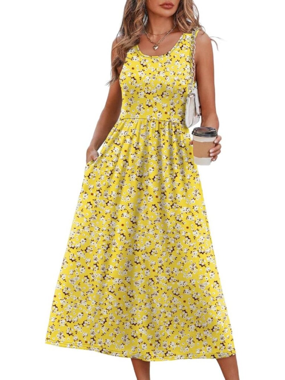 Women's Midi Dresses Yellow White Print Scoop Neck Sleeveless Summer Casual Soft